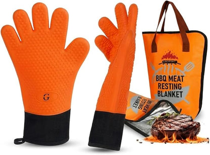 BBQ Gloves - Heat Resistant Gloves - Grill Accessories - Smoker Accessories - Silicone Oven Mitts Heat Resistant - Meat Resting Blanket Kit - Outdoor Cooking - Brisket - Turkey - Pulled Pork