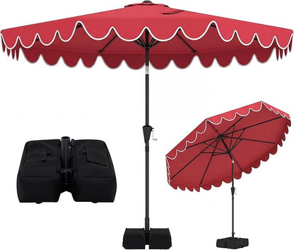 Tangkula 10 FT Patio Umbrella with Base Included, 2-Tiers Outdoor Scalloped Table Umbrella with 2 Sandbags, Tilt Adjustment, Crank, 8 Ribs for Market Backyard Pool Deck Beach Lawn
