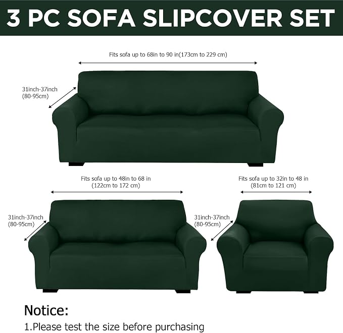 Peryiter 3 Pcs Couch and Loveseat Sofa Covers,Dark Green,Milk Silk | Armchair Covers for Living Room, Sofa Cushion Slipcover, Furniture Protector, Polyester and Spandex, Washable