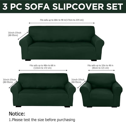 Peryiter 3 Pcs Couch and Loveseat Sofa Covers,Dark Green,Milk Silk | Armchair Covers for Living Room, Sofa Cushion Slipcover, Furniture Protector, Polyester and Spandex, Washable