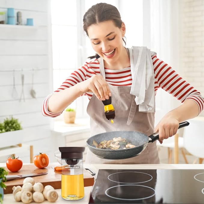 Oil Dispenser with Brush - Glass Olive Oil Dispenser Bottle with Silicone Basting Brush for Kitchen Cooking Vinegar Frying Baking, T-OB21S, Black