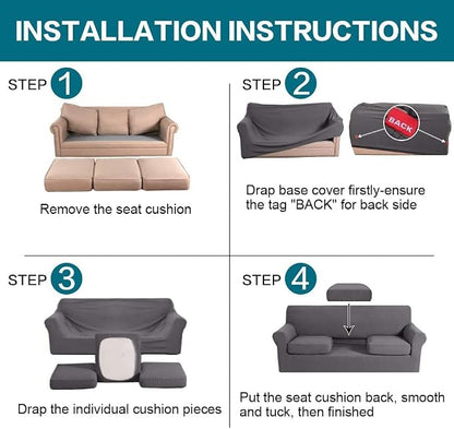 Turquoize 4 Piece Sofa Covers for 3 Cushion Couch Sofa Slipcover Soft Couch Cover for Dogs Washable Furniture Cover with 3 Individual Large Cushion Covers Feature Fabric (Large Sofa, Charcoal Gray)