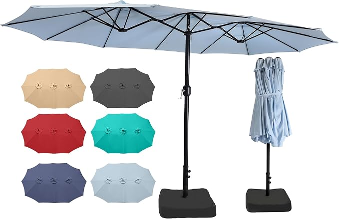 15ft Patio Umbrella with Base, 10-Year-No-Fade Large Outdoor Double-Sided Market Umbrella with UPF50+Terylene Polyester Fabric and Crank for Poolside Garden Deck Backyard Beach Pools