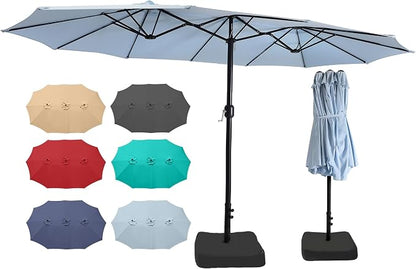15ft Patio Umbrella with Base, 10-Year-No-Fade Large Outdoor Double-Sided Market Umbrella with UPF50+Terylene Polyester Fabric and Crank for Poolside Garden Deck Backyard Beach Pools