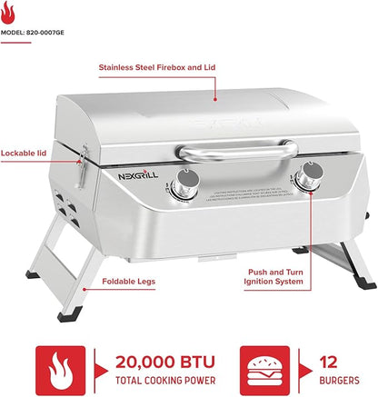 Nexgrill Stainless Steel 2-Burner Portable Gas Grill with Locking Lid, Folding Legs, 20,000 BTUs, 251 SQ In Cooking Space, Tabletop Grill for Camping, Outdoor Cooking, Patios, and More - 820-0007GE