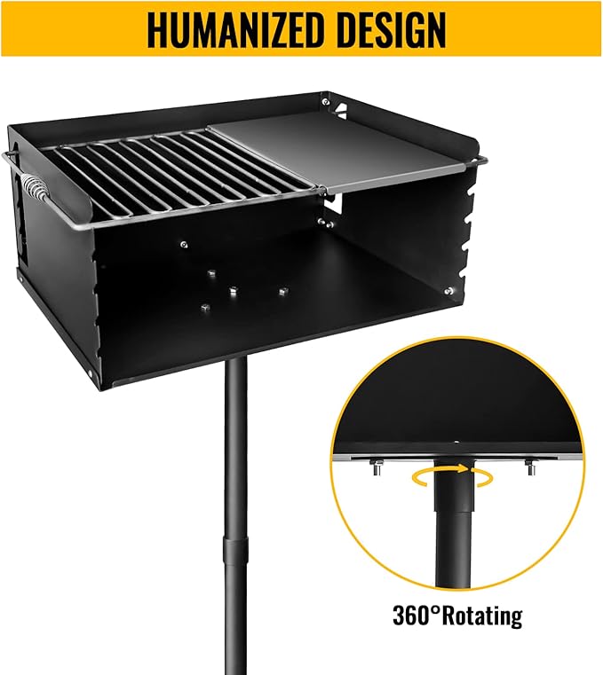 Heavy Duty Park-Style Charcoal Grill, 360° Swivel BBQ Grill with Adjustable Grates and Plate, Rustproof 25x17 Inch Cooking Surface, Perfect for Backyard, Camping, and Commercial Use,Black.