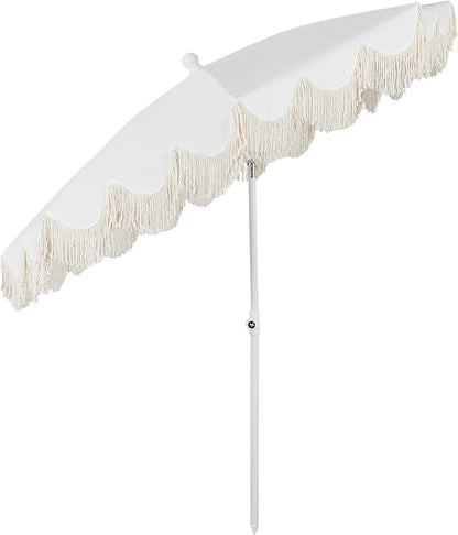 JONATHAN Y Mariner 6.5 ft. Solid Fringe Beach Umbrella, White | Push-Button Tilt, UV 50 Protection, Matching Carry Bag, Iron Pole, Wind Vent, Scalloped Round Canopy