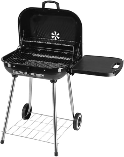 28" Portable Charcoal Grill with Wheels and Foldable Side Shelf, Large BBQ Smoker with Adjustable Vents on Lid for Outdoor Party Camping Picnic