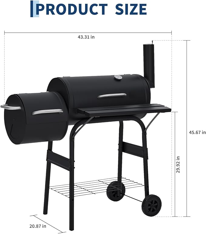 PeakPursuit Barrel Charcoal Grill with Offset Smoker, Portable Outdoor Barbecue Grills with Wheels, BBQ Grill and Smokers Combo for Backyard Patio Party Camping