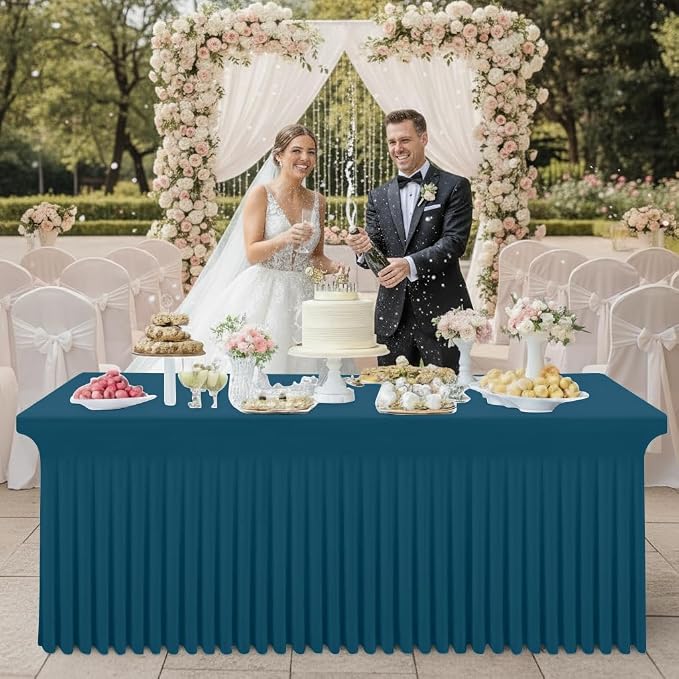 Smiry Spandex Elastic Fitted Table Cloth Skirt for 8FT Rectangle Table | Stretch Washable Table Cloth, Banquet Table Cover for Wedding, Party, Indoor & Trade Shows, (Peacock Blue, 96Lx30Wx30H)
