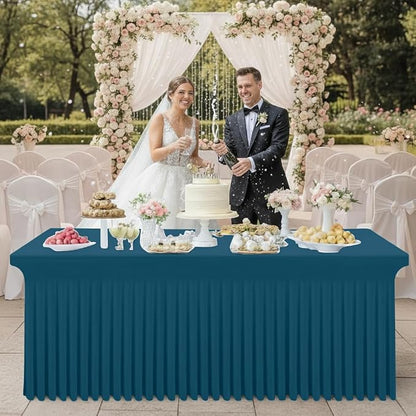 Smiry 2 Pack Spandex Elastic Fitted Table Cloth Skirt for 8FT Table | Stretch Washable Table Cloth, Banquet Table Cover for Wedding, Party, Indoor & Trade Shows, (Peacock Blue, 96Lx30Wx30H)