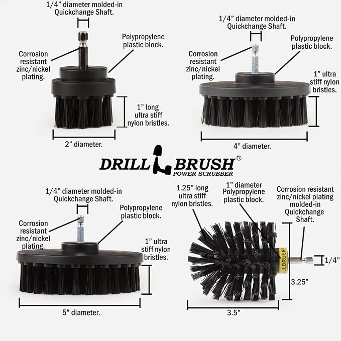 Drillbrush BBQ Grill Cleaning Kit Drill Brush Set - Safe Nylon Grill Brush | Nylon Ultra Stiff Power Scrubber Attachments for Loose Paint, De-Scaling Rust & Graffiti Removal on Stone, Brick & Masonry
