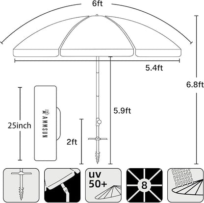 AMMSUN 6ft Folded Portable Travel Beach Umbrella with Sand Anchor Tilt Air vent UPF 50+UV Protection Fit In Suitcase Compact Foldable Telescopic umbrellas for Patio Garden Beach Pool Sky Blue