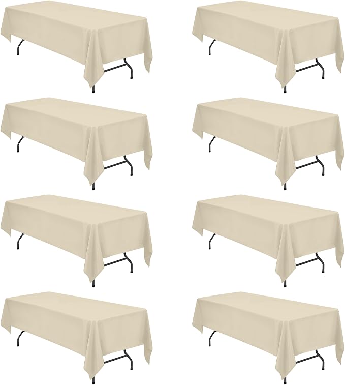 BRILLMAX 8 Pack Beige Tablecloths 60x126 Inch for 8ft Rectangle Tables | 150 GSM Polyester Fabric, 15" Standard Drop, Water, Stain & Wrinkle Resistant Cloth Cover for Wedding Reception Banquet Party