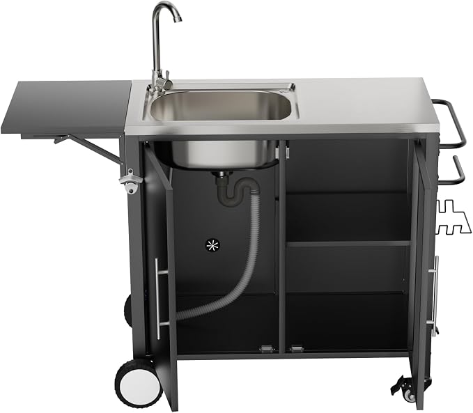 KEIKI Outdoor Grill Table with Sink & Foldable Worktop, 304 Stainless Steel BBQ Cart with Storage Cabinet & Wheels, Outdoor Kitchen Prep Station with Large Basin for Backyard, Garden, Patio