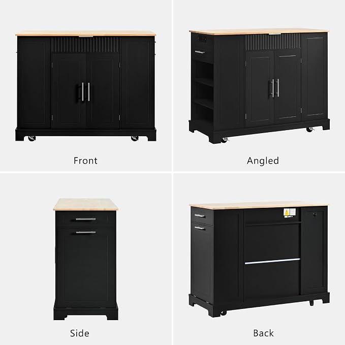 Ball & Cast Fluted Kitchen Island with Trash Can Storage Cabinet,Power Outlet,Internal Storage Rack,Rolling Kitchen Islands On 5 Wheels W/3 Drawers & 3 Open Side Racks for 10 Gallon Garbage Bin,Black