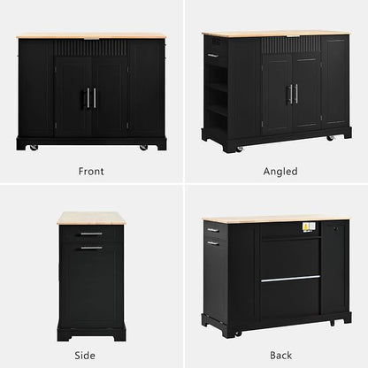 Ball & Cast Fluted Kitchen Island with Trash Can Storage Cabinet,Power Outlet,Internal Storage Rack,Rolling Kitchen Islands On 5 Wheels W/3 Drawers & 3 Open Side Racks for 10 Gallon Garbage Bin,Black