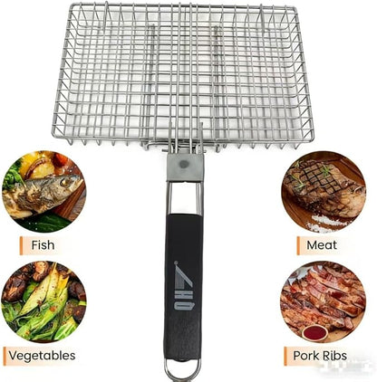Portable BBQ Grill Basket, 12.6x8.8x 1.34 Inch, Stainless Steel Folding Portable Outdoor Camping Rack for Fish, Shrimp, Vegetables, Cooking Accessories, Gifts for Dad, husband, Friends （Includes Carry Bag）