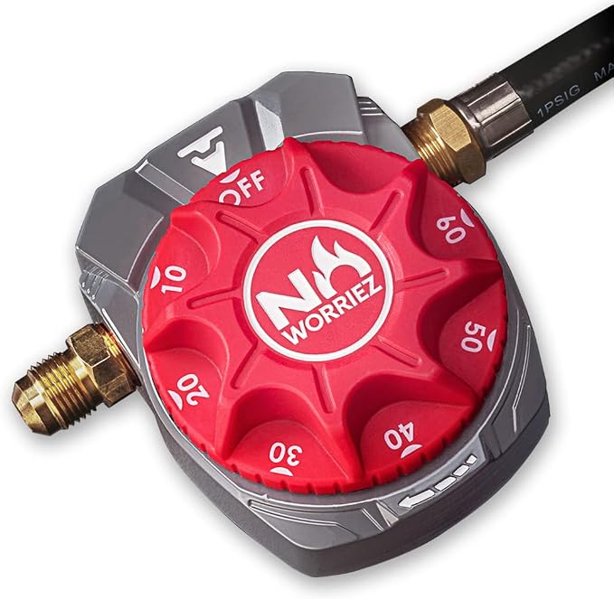 NO WORRIEZ Safety Auto Shut-Off Gas Timer for Propane & Natural Gas | Outdoor Grill, Fire Pit, Pizza Oven | – 100,000 BTU w/ 3/8" Flared Assembly Connector & Hose, Patent Pending | 80,000 BTU, Fits Outdoor Grill, Fire Pit, Pizza Oven, BBQ, Smoker, Turk...