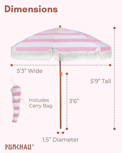 6 Ft Fringe Patio Umbrella - Outdoor Umbrella for Patio, Pool, Table, Garden, Deck, Beach, and Outdoors - Fashionable Boho Vintage Tassels & Wood Print - Push Button Tilt Pole