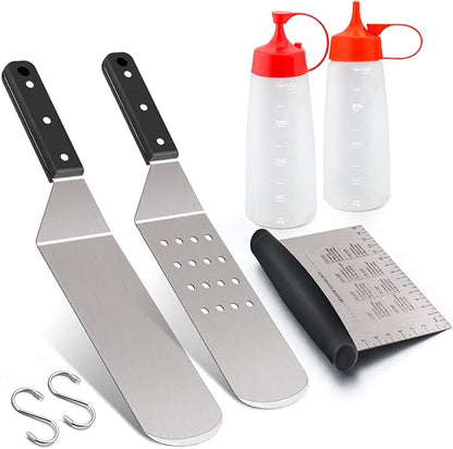 Griddle Accessories Set of 5, Leonyo Stainless Steel Grill Griddle Tool Set- Metal Spatula for Flat Top Hibachi Teppanyaki Kitchen Cooking, Riveted Grip, Dishwasher Safe, S Hooks, Indoor Outdoor