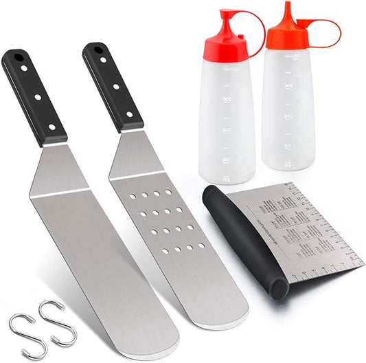 Griddle Accessories Set of 5, Leonyo Stainless Steel Grill Griddle Tool Set- Metal Spatula for Flat Top Hibachi Teppanyaki Kitchen Cooking, Riveted Grip, Dishwasher Safe, S Hooks, Indoor Outdoor