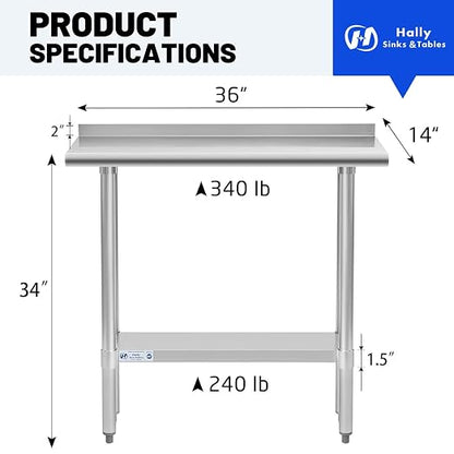 Hally Stainless Steel Table 14 x 36 in, Kitchen Prep Work Table, Backsplash | Provides a narrow surface for appliances or outdoor cooking; lower shelf organizes gear, while adjustable feet reduce wobble.
