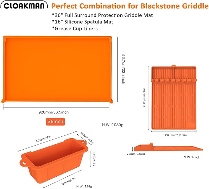 Full-Edge 36" Silicone Griddle Cover, with 16" Silicone Spatula Mat and Grease Cup Liners, Compatible with Blackstone Griddle, Perfect All-Season Outdoor Protection Combination