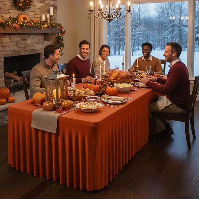 HolidayIdeas 4 Pack Rust Spandex Table Skirts 6ft Fall Tablecloths Ruffle | Stretchy Table Covers, Thanksgiving Decorations, Wrinkle Resistant Table Cloths For 30x72, Rectangle Tables for Autumn Event