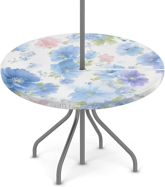 Romantic Flowers Outdoor Round Fitted Tablecloth with Umbrella Hole and Zipper, 45"-56" Elastic Patio Table Cloth Oil-Proof Waterproof Patio Table Cover for Picnic Party Camping