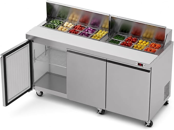 72" W Commercial Sandwich Salad Prep Table Refrigerator, Stainless Steel Refrigerated Salad Bar Food Prep Station with 18 Pan, Cutting Board, Ajustable Shelves for Restaurant, Food Truck, Buffet