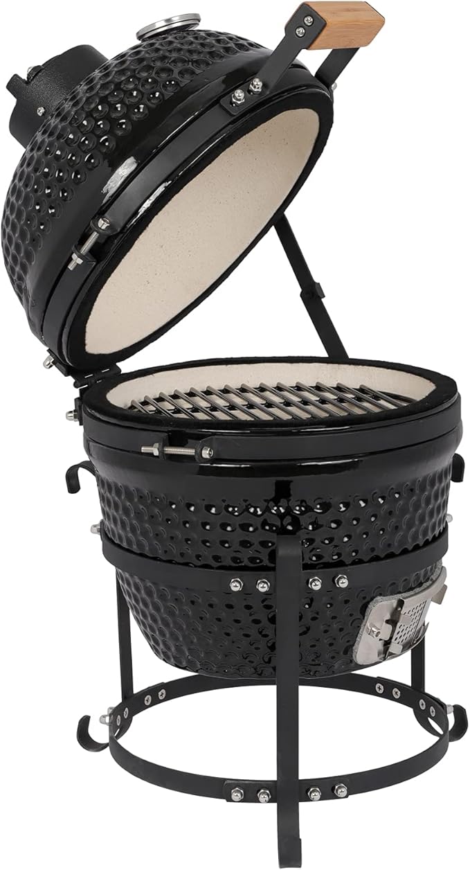 Vasitelan 13 inch Portable Ceramics Charcoal Grill,Kamado BBQ Charcoal Grill (Style 2-Black)