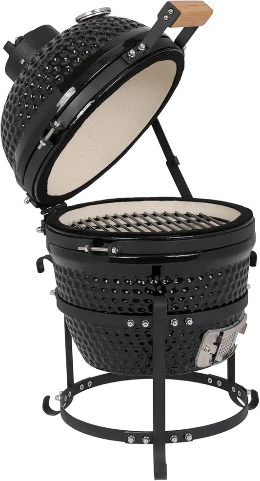 Vasitelan 13 inch Portable Ceramics Charcoal Grill,Kamado BBQ Charcoal Grill (Style 2-Black)