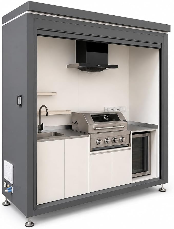 Sunnyjoy Modular Outdoor Kitchen, Premium Aluminum Cabinet System-3 | Standard edition with grill, sink & storage, durable weather-resistant design, includes roll-up set for protection