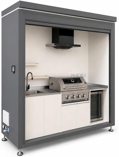 Sunnyjoy Modular Outdoor Kitchen, Premium Aluminum Cabinet System-3 | Standard edition with grill, sink & storage, durable weather-resistant design, includes roll-up set for protection