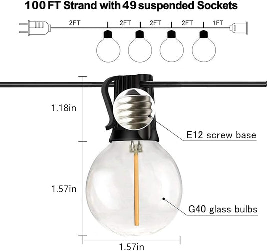 Banord 100FT G40 Globe String Lights, 2700K LED Outdoor Patio Lights String with 50 Dimmable Shatterproof Bulbs, Waterproof Connectable Hanging Lights for Backyard Porch Balcony Party, E12 Socket Base