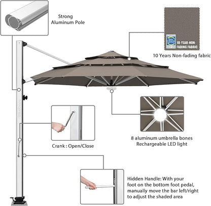 EliteShade USA APOLLO 3-Tier 11FT Full Aluminum Cantilever Patio Umbrella for Outdoor Restaurant Garden Courtyard Deck Pool and Marketing with Light (No battery), Taupe