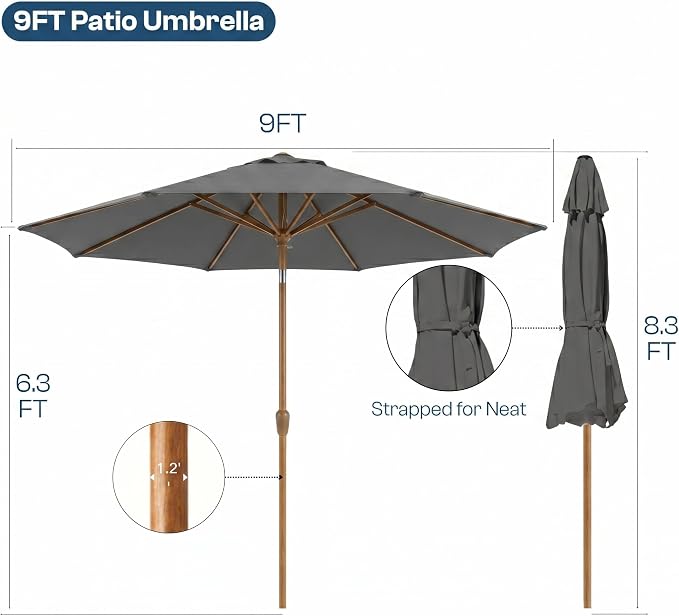 9ft Outdoor Patio Umbrella, Market Table Umbrella with Crank and Easy Push Button Tilt, Wood Grain Frame, UPF 50+ for Pool, Garden, Deck, Backyard