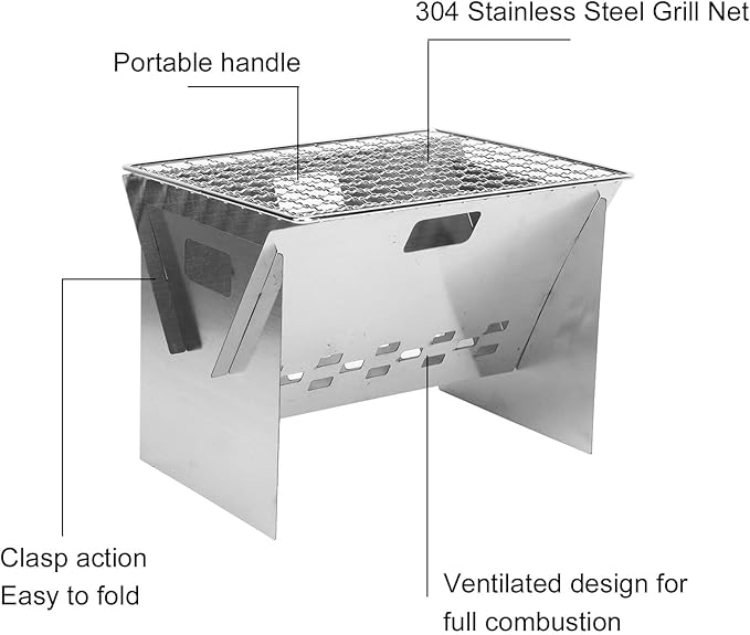 Stainless Steel Mini Grill Charcoal, Portable Charcoal Grill, Foldable Camping Barbecue Grill with Wind Inlet Design for Outdoor Cooking Camping Backyard Barbecue