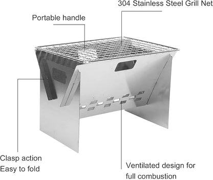 Stainless Steel Mini Grill Charcoal, Portable Charcoal Grill, Foldable Camping Barbecue Grill with Wind Inlet Design for Outdoor Cooking Camping Backyard Barbecue