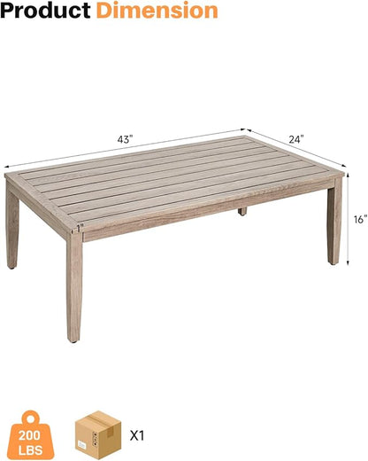 Never-Rust Aluminum Outdoor Coffee Table, All-Weather Patio Coffee Table with Faux Wood Grain Finish Frame, Rectangle Outdoor Table with Adjustable Feet for Garden, Porch, Backyard, Indoor