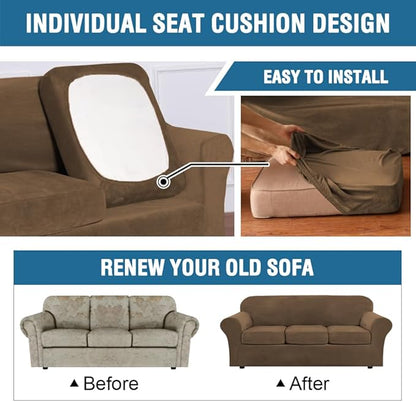 H.VERSAILTEX Modern Velvet Plush 4 Piece High Stretch Sofa Slipcover Furniture Protector Form Fit Velvet Extra Large Sofa Cover for 3 Cushion Couch Width Up to 105 Inch (XL Sofa, Bronze Brown)