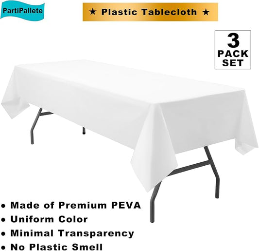 3-Pack Premium Plastic White Tablecloth Disposable 54" x 108" Rectangle Table Cover Party PEVA Table Cloths for Parties Birthday Wedding Engagement Banquet Fits up to 8 ft Long Tables