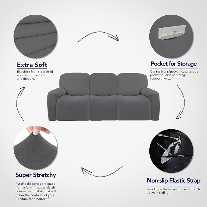 PureFit Super Stretch 3 Seats Recliner Sofa Couch Cover with Pocket | Non Slip Soft Sofa Slipcover, Washable Spandex Reclining Furniture Protector for Kids, Pets (Recliner Sofa, Gray)