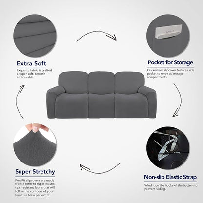 PureFit Super Stretch 3 Seats Recliner Sofa Couch Cover with Pocket | Non Slip Soft Sofa Slipcover, Washable Spandex Reclining Furniture Protector for Kids, Pets (Recliner Sofa, Gray)