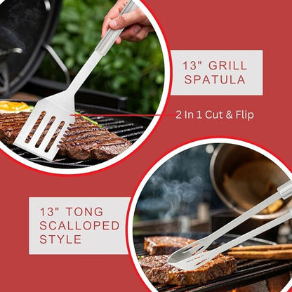 Stainless Steel BBQ Grill Tool Set - Barbecue Accessories & Utensils Sets - 4 Piece Spatula, Tongs, Cleaning Brush, Fork - 13.5" Barbeque Tools Kit - Gift for Grilling Lover Men Outdoor & Kitchen
