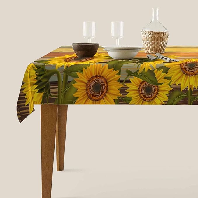 TKS MITLAN Tablecloth Sunflower Table Cloth Rectangle Table 60 x 84 Inch Retro Sunflowers on Wooden Board Kitchen Decorations for Home Dinner Party