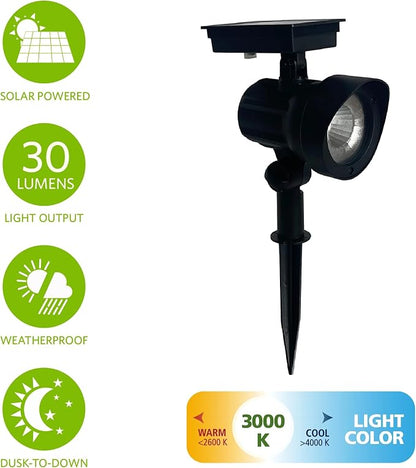 2-Pack Solar Powered Black LED Landscape Spot Lights – 30 Lumens, Warm White, Auto Dusk-to-Dawn, Outdoor Use