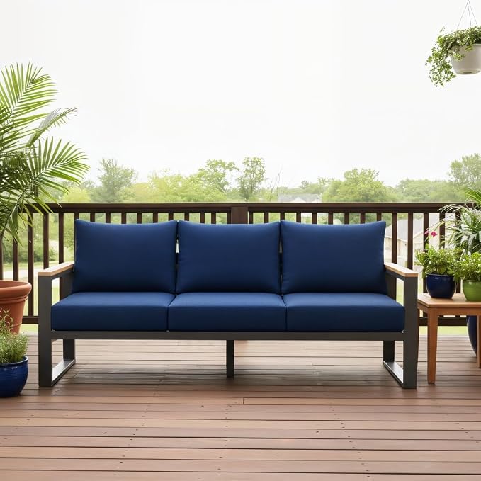 Sundale Outdoor Aluminum Patio Furniture, 3-seat All-Weather Outdoor Couch with 6" Olefin Cushion & Wide Armrest, Outside Sofa Seating for Garden Deck Porch (Navy Blue) | Heavy Duty