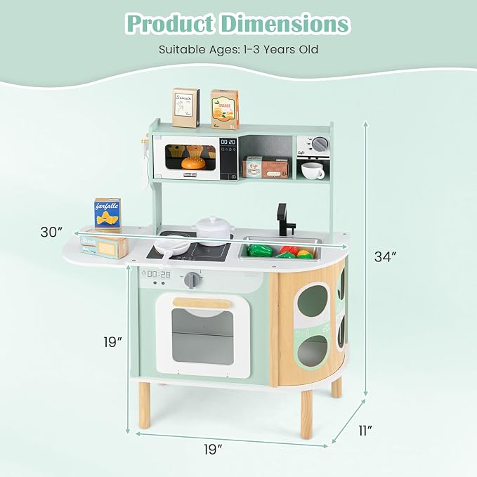 INFANS Kids Kitchen Playset, Toddler Wooden Pretend Cooking Set with Stove Microwave Dustbin Storage Cabinet, Play Kitchen Toy Set with Toy Food Cookware Accessories for Children Boys Girls